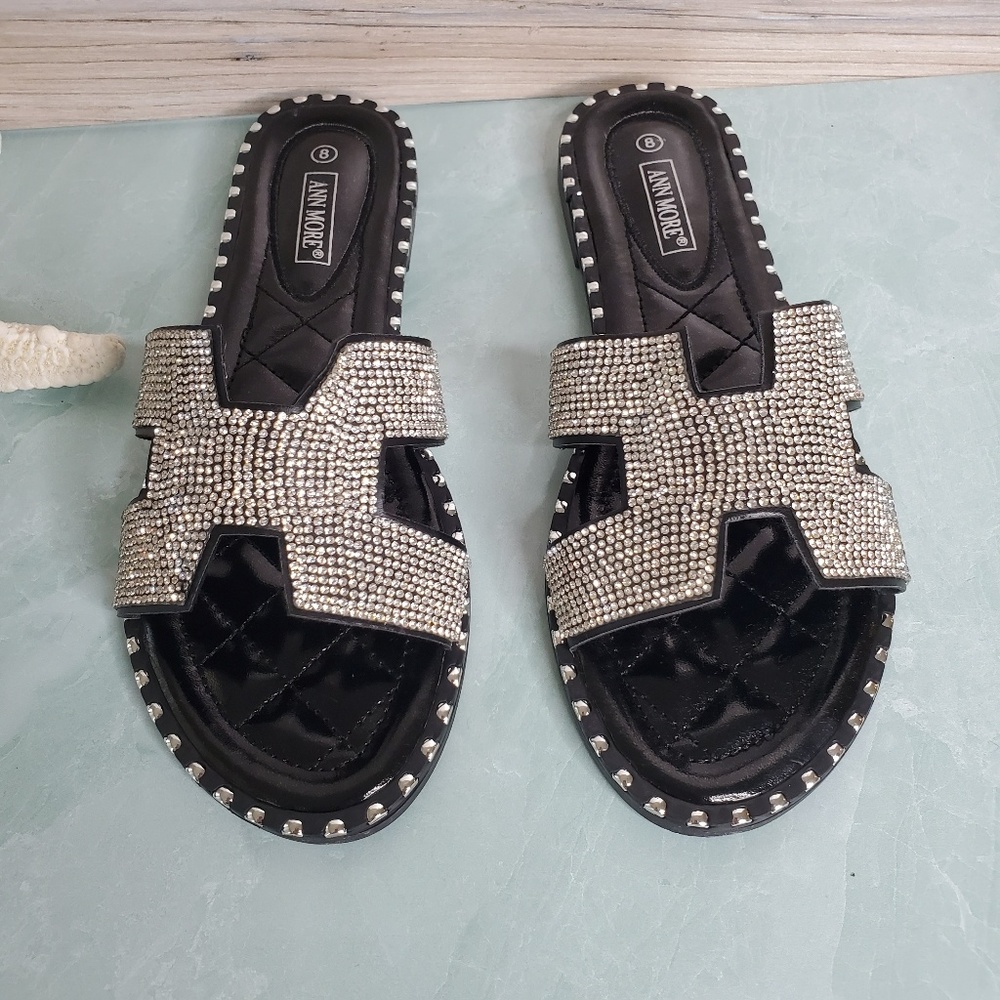 Black Sparkle Cut-Out Rhinestone Sandals - Picture 6 of 7